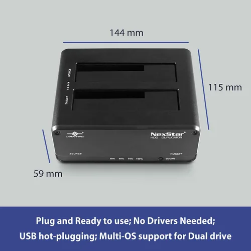 Vista 6 de Vantec NexStar JX, USB 3.2 Gen1, base de doble bahía para unidad SATA III con función de clon, USB 3.2 Gen1 (NST-D258S3-BK), negro