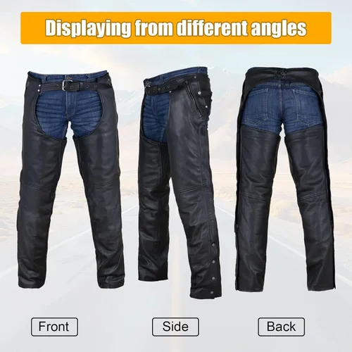 Vista 4 de GARGOYLE BELLS Chanclas de cuero para motocicleta para hombres y mujeres, pantalones de cuero suave con abertura para motociclista
