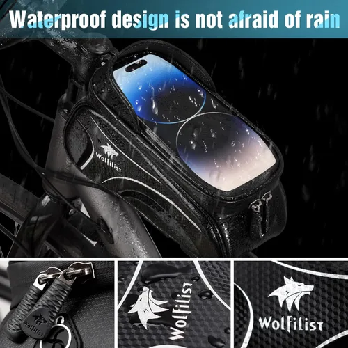 Vista 5 de WOLFILIST Bolsa de bicicleta - Bolsa impermeable para marco de bicicleta con cubierta de lluvia para visera solar, soporte para teléfono