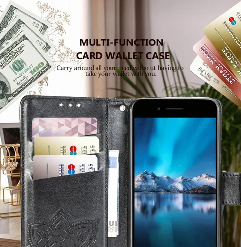 Vista 4 de KRHGEIK Funda tipo cartera para iPhone SE 2020/SE 2022/iPhone 8/iPhone 7, diseño de mariposa en relieve, de piel sintética, con ranuras para Negro