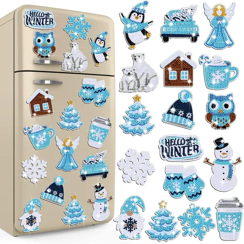 Vista 9 de Umigy 16 piezas de imanes de arte de diamante navideño para refrigerador, verde lima y rojo, imanes de pintura de diamantes de Navidad, hombre