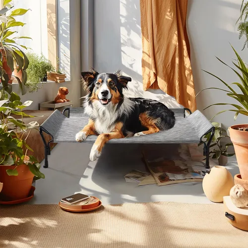 Vista 7 de Veehoo Cama elevada refrescante para perros, catres para perros grandes, cama elevada para perro con barandilla y reposacabezas inclinado, malla