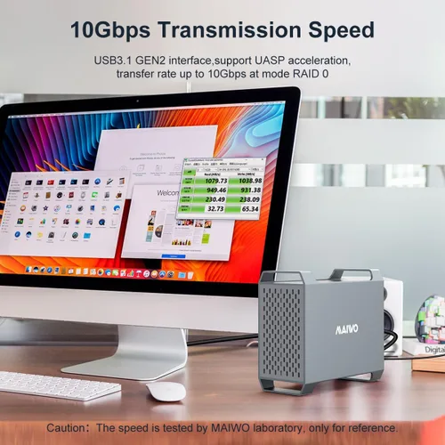 Vista 4 de MAIWO Caja RAID de doble bahía para disco duro SATA de 3.5" con ventilador de refrigeración, carcasa SATA USB 3.1 tipo C con 4 modos de incursión