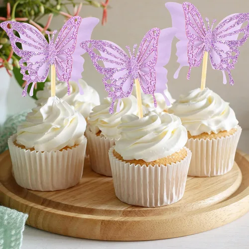 Vista 4 de Chinco 48 piezas de decoración de pastel de mariposa, decoración de cupcakes de doble capa ensamblada, decoración de pastel de 3D con purpurina