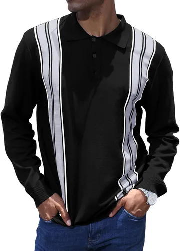 Vista 5 de CTU Camisas polo de manga larga a rayas vintage para hombre, camisas de golf