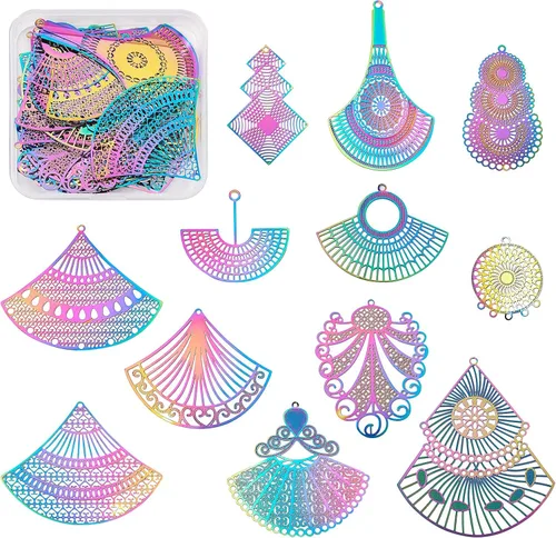 Vista 34 de FASHEWELRY 50 piezas de conectores de filigrana de mariposa de acero inoxidable, adornos de metal grabados con arco iris para fabricación de joyas