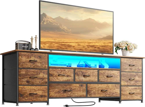 Vista 11 de Huuger Soporte de TV de 63 pulgadas para TV de 65, 70 pulgadas, cómoda larga con 11 cajones con tomas de corriente y luces LED, centro