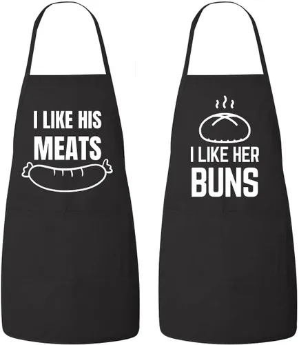 Vista 2 de Juego de delantales a juego para él y para ella: I Like her Buns, I Like His Meat, delantales de cocina para parejas, aniversario, regalo de boda