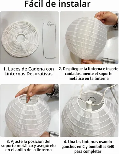 Vista 9 de Guirnalda de luces para exteriores, 27.5 pies, tira de luces blancas enchufables con 10 linternas de nailon y bombillas LED G40, cadenas de luces