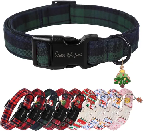 Vista 15 de Collar de perro de Navidad de Unique Style Paws con hebilla de plástico y colgante, a cuadros rojo y negro, collares de algodón para cachorros