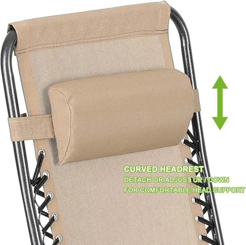 Vista 8 de Juego de 4 sillas reclinables de gravedad cero de malla de acero para acampar al aire libre con reposapiés, ajustable, almohada, bandeja, beige