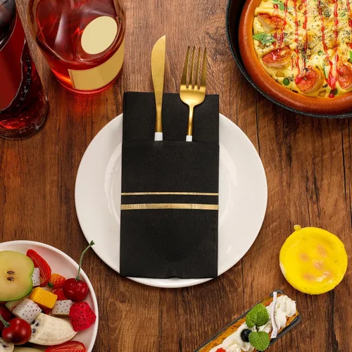 Vista 6 de Paquete de 100 servilletas de cena negras y doradas con bolsillo para cubiertos Disposable Linen Feel Guest Napkins, Gold Trim Lined Pre Folded