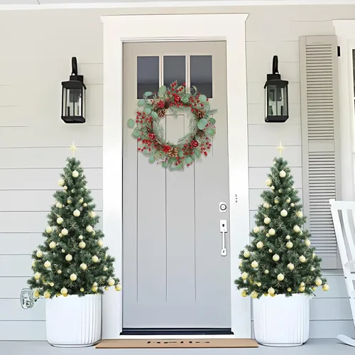 Vista 8 de Pauwer Corona de Navidad con bolsa de almacenamiento, coronas de Navidad para puerta delantera, corona de Navidad al aire libre decorada con bayas
