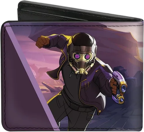 Vista 2 de Buckle-Down Billetera de cómics para hombre, plegable, Marvel Studios What If TChalla Star Lord Logo y Action Pose, cuero vegano, What If, 4.0 x 3.5