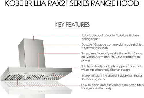 Vista 3 de KOBE RAX2142SQB-WM-1 Serie RAX21 Campana extractora de montaje en pared, 42 pulgadas, acero inoxidable