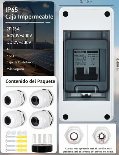 Vista 4 de DIHOOL Disyuntor miniatura de CA CC con caja DIN IP65, 15 amperios de doble polo 12V-400V, no polarizado, interruptor de desconexión del panel