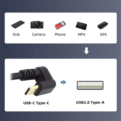 Vista 3 de xiwai USB2.0 Tipo-A a Tipo C USB-C macho a macho Cable de datos de alimentación 480Mbps negro opuesto en forma de U en ángulo trasero