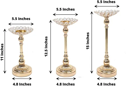 Vista 3 de Efavormart - Juego de 3 portavelas votivas con cuentas de cristal de metal dorado, soportes para velas de té, 11 pulgadas, 13 pulgadas, 15 pulgadas
