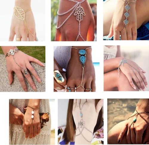 Vista 4 de Sexy Sparkles Retro Bracelet Finger Ring Bangle Slave Chain
