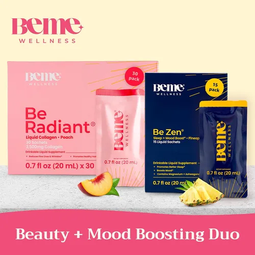 Vista 2 de BeMe BeRadiant Peach & BeZen Bundle - Suplementos líquidos de colágeno y glicinato de magnesio L-teanina