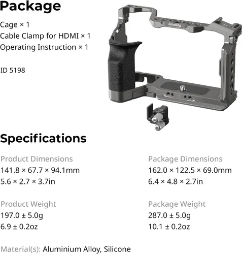 Vista 9 de Kit de Jaula de Cámara de Liberación Rápida SmallRig HawkLock para Sony A7C II/ A7CR con Empuñadura de Silicona Integrada, Jaula Completa de Acceso