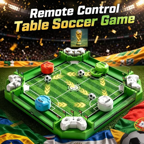 Vista 4 de Juego de mesa de futbolín con control remoto, mini juegos de mesa de fútbol con 3 bolas y 4 mandos remotos, juguete de mesa de fútbol para niños