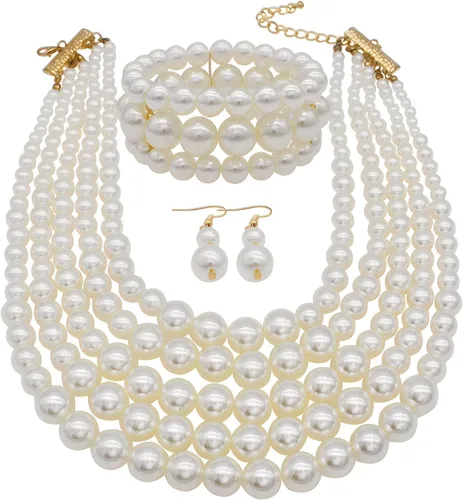 Vista 17 de JNF Collares grandes de perlas de imitación para mujer, collar de perlas de múltiples hebras, pulsera y aretes, collar de perlas para disfraz Negro