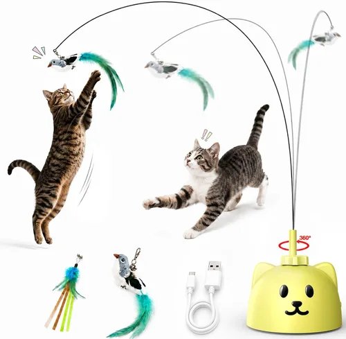 Vista 10 de Juguetes interactivos para gatos de interior: Varita de plumas de ave voladora con giro automático de 360° mejorada con varilla protegida de Blanco