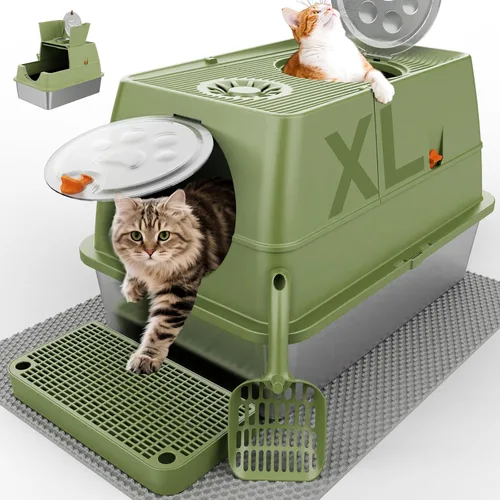 Vista 13 de Paquete de 2 cajas de arena de acero inoxidable con tapa, caja de arena extra grande cerrada de metal para gatos grandes y varios gatos, fácil