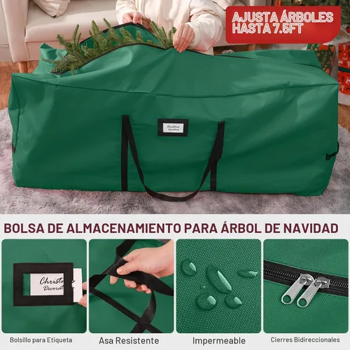 Vista 4 de Paquete de 3 bolsas de almacenamiento para árbol de Navidad, para árboles artificiales de hasta 7.5 pies, duraderas e impermeables con asas de Verde