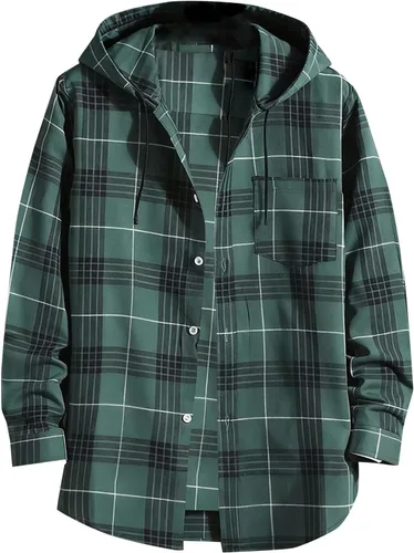 Vista 13 de Camisa a cuadros con botones para hombre, ligera, casual, de manga larga, ajuste holgado, UPF 50+, con capucha y protección solar