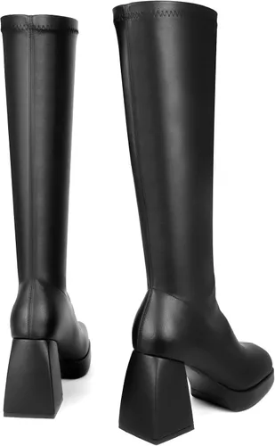 Vista 4 de Botas de cuero negro con plataforma para mujer, botas de tacón grueso con punta cuadrada