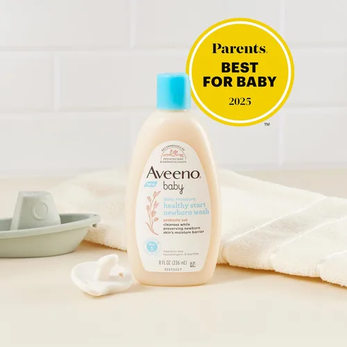 Vista 7 de Paquete de Aveeno Baby Healthy Start baño para recién nacidos, baño hipoalergénico para el cuerpo del bebé con avena prebiótica, sin fragancia, 8 fl