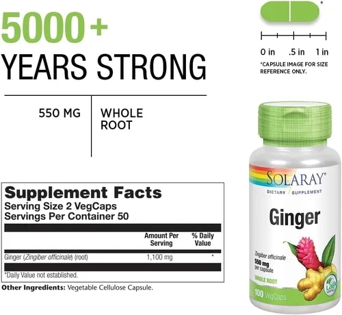 Vista 3 de SOLARAY Raíz de jengibre de 1100 mg Apoyo saludable para la digestión, las articulaciones y el movimiento y las molestias estomacales Raíz