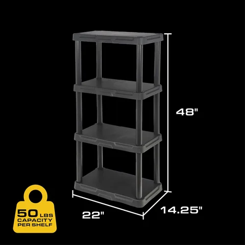 Vista 2 de CENTREX CX 4-Tier (48”H x 22”W x 14.25”D) Plastic Storage Shelving Unit (Black), Light Duty, 50lbs Per Shelf Capacity, for Indoor Storage and