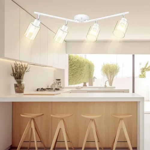 Vista 7 de BoostArea Lámparas de baño de 4 luces, modernas luces blancas de pared con pantalla de vidrio transparente, luz de techo flexible para espejo