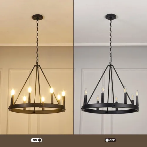 Vista 5 de Candelabro de 8 luces con rueda de carro, de 24 pulgadas, color negro, redondo, para comedor, moderna e industrial, isla de cocina, lámparas