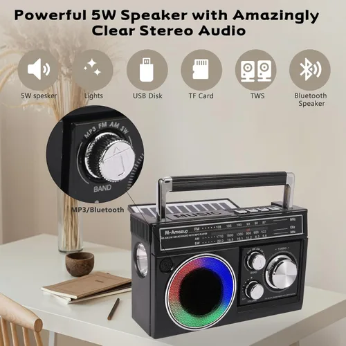 Vista 4 de Radios portátil AM FM, radio portátil retro con altavoz Bluetooth y linterna, recepción fuerte con luces de humor coloridas, tarjeta TF, energía