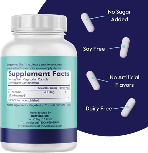 Vista 3 de BESTVITE Double Strength Suntheanine L-Teanina 200mg - Patentado y estudiado clínicamente - 60 cápsulas vegetarianas - Vegano - Sin estearatos - Sin
