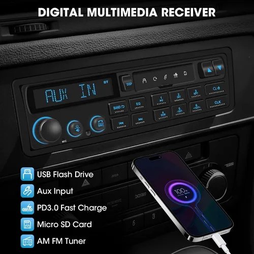 Vista 9 de Receptor estéreo de coche retro Bluetooth: Radio de aspecto clásico europeo
