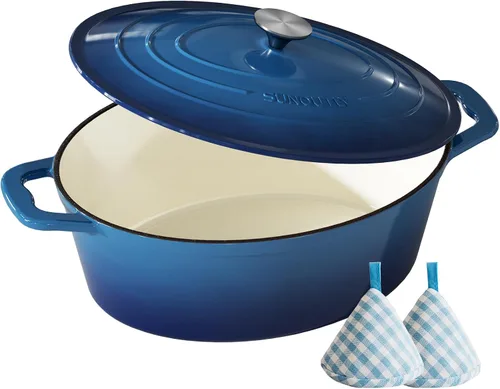Vista 15 de Horno holandés de hierro fundido esmaltado, olla de 7.5 cuartos de galón con tapa y agarraderas de algodón, utensilios de cocina resistentes