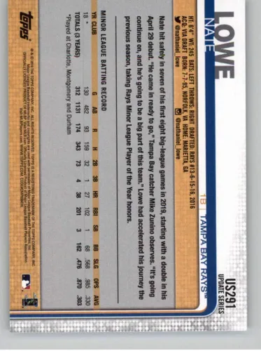 Vista 2 de 2019 Topps Update (Series 3) #US291 Nate Lowe RC Rookie Tampa Bay Rays Official Baseball Trading Card
