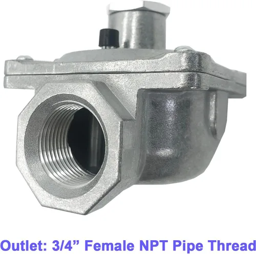 Vista 5 de Regulador de presión de gas natural con rosca FNPT de 3/4", presión de entrada de 1/2 PSIG y salida WC de 4 y 10 pulgadas para parrilla, regulador
