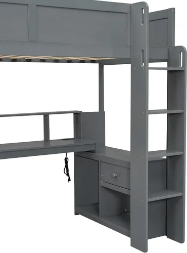 Vista 9 de Polibi Cama loft de tamaño individual para juegos con escritorio, LED y estación de carga, marco de cama loft de madera con estantes
