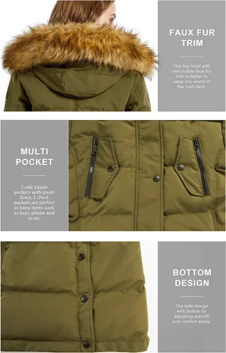 Vista 5 de Orolay Chaqueta de plumón para mujer, abrigo largo de invierno, chaqueta acolchada a prueba de viento con capucha de piel, Blanco