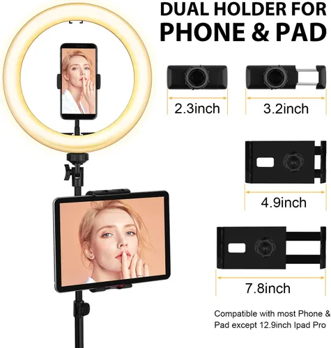 Vista 3 de Anillo de luz con soporte y soporte para teléfono, anillo de luz LED para selfie de 10 pulgadas con trípode (17 a 73 pulgadas) con control remoto