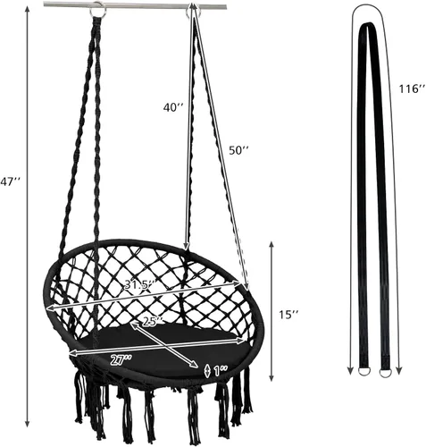 Vista 14 de Giantex - Silla hamaca de macramé con cojín y kit de herramientas, color negro Capacidad de peso de 330 libras, silla colgante