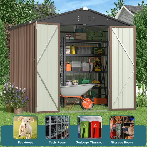 Vista 4 de Gizoon Cobertizo de almacenamiento para exteriores de 8 x 6 pies, cobertizo de jardín de metal galvanizado con puertas dobles con cerradura, Marrón