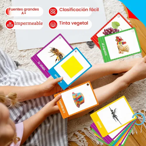 Vista 6 de 60 tarjetas flash en inglés y español, tarjetas de sustantivos de doble cara, palabras bilingües de visión – animales, colores, alimentos