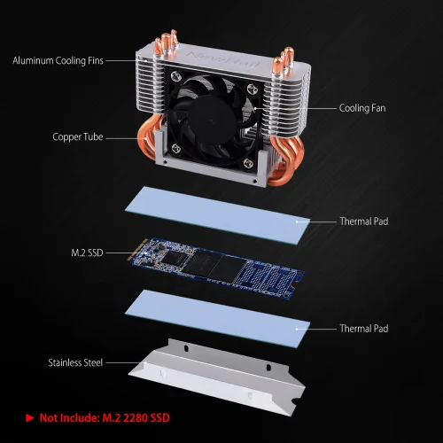 Vista 7 de Disipador de calor SSD M.2 2280 de 12 V con ventilador de enfriamiento PWM de 1.575 in, tubos de calor de cobre y almohadilla térmica, enfriador SSD